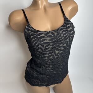 Y2K Womens Black Lace Mesh Tank Top Medium Sheer Stretchy Coquette Gothic Sexy